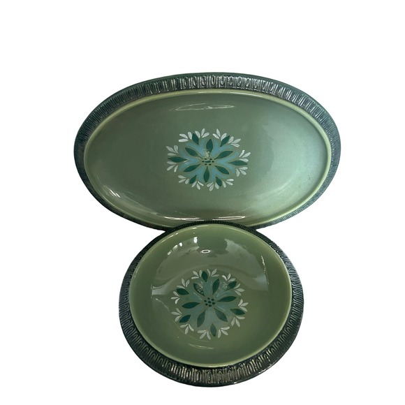 Vintage Mid Century Red Wing Pottery Green Teal Flower Serving Platter bowl set - Picture 2 of 6